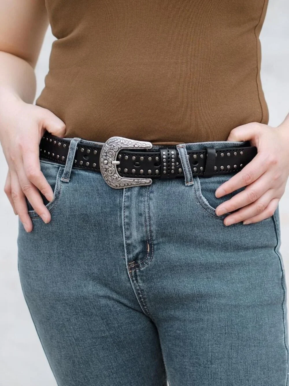 Vintage Western Leather Belt with Studs & Silver Buckle | Perfect for Rodeo